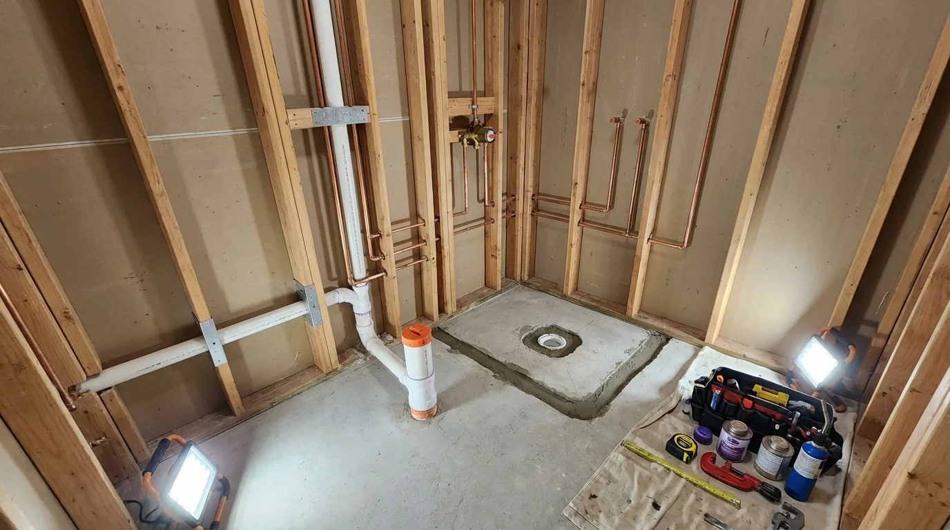 Bathroom rough-in plumbing during remodel by Johns Plumbing LLC in Mercersburg