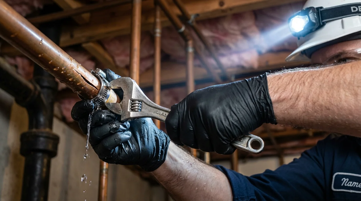 Emergency pipe clamp repair being performed by a Johns Plumbing LLC plumber in Mercersburg