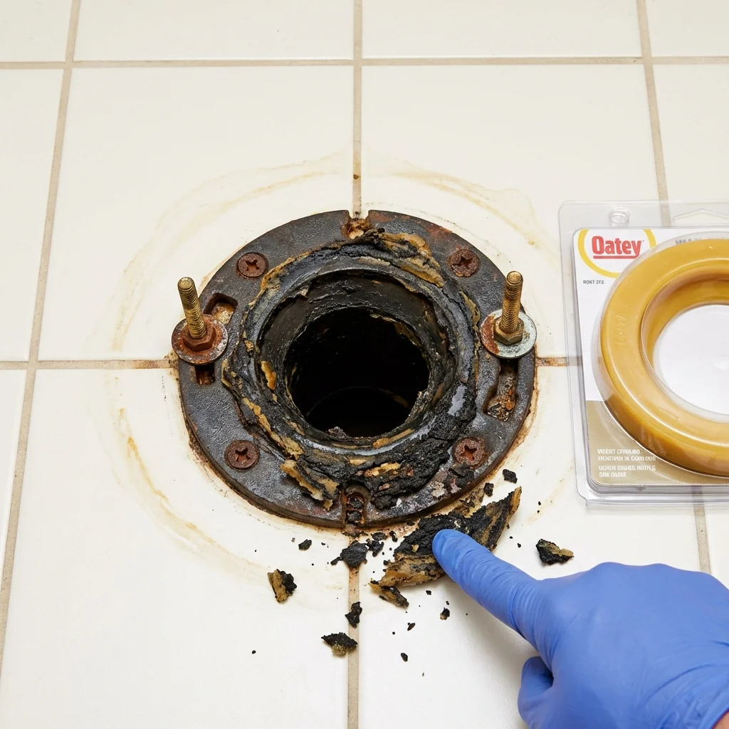 Failed wax ring showing water seepage at the base of a toilet in a Mercersburg, PA home