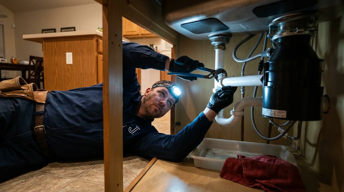 P-trap and supply line connections under a kitchen sink showing a common leak point in Mercersburg, PA